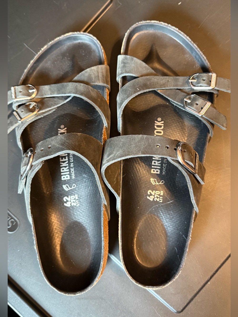 Birkenstock Women’s Black Leather Black Footbed Triple Buckle Sandals